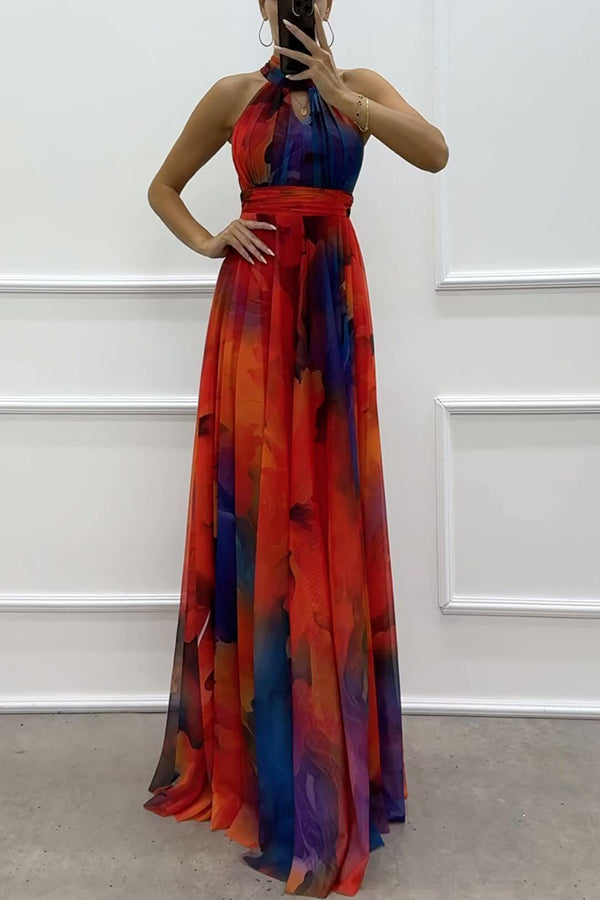 Elaine - Maxi kjole i blomstret tyl med udskæringer og bindebånd om halsen