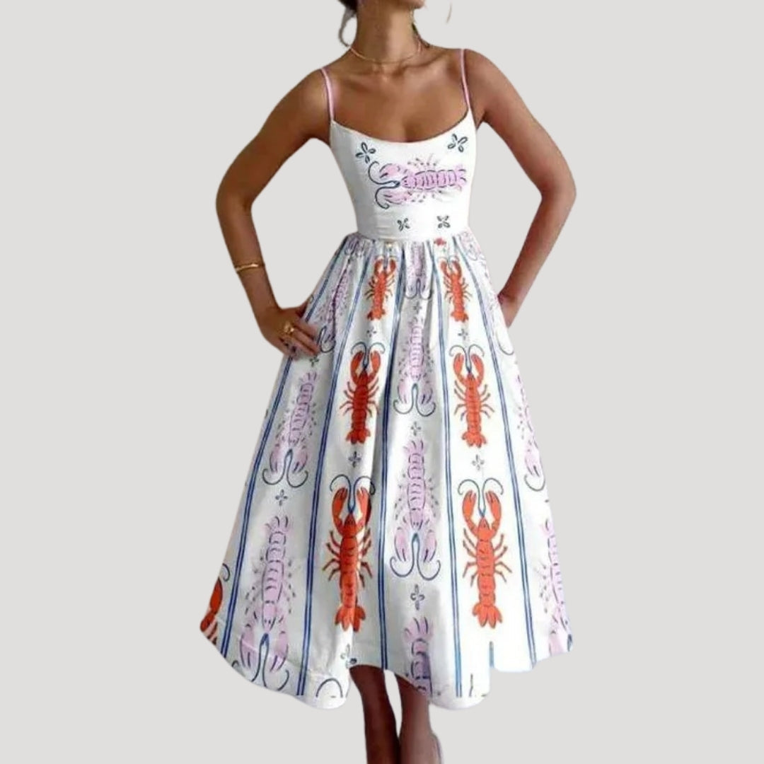 Ilana | Letnia midi kjole – ærmeløs med print til ferien