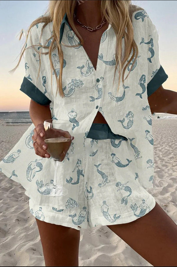 Jalira™ | Kort linned sæt med havfrueprint