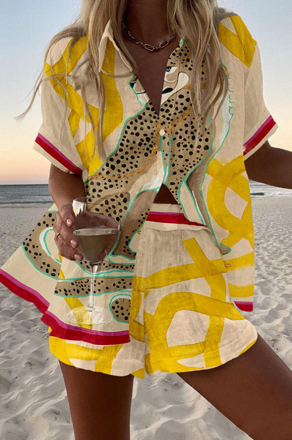 Casima™ | Kort Linned Sæt med Leopardmønster