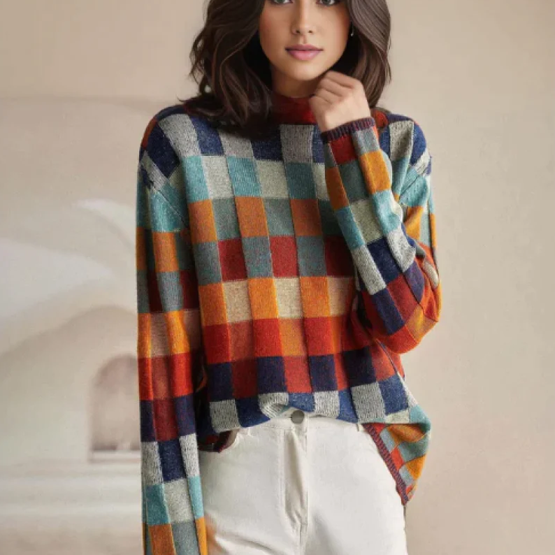 Mabel | Sweater med høj hals i patchwork stil