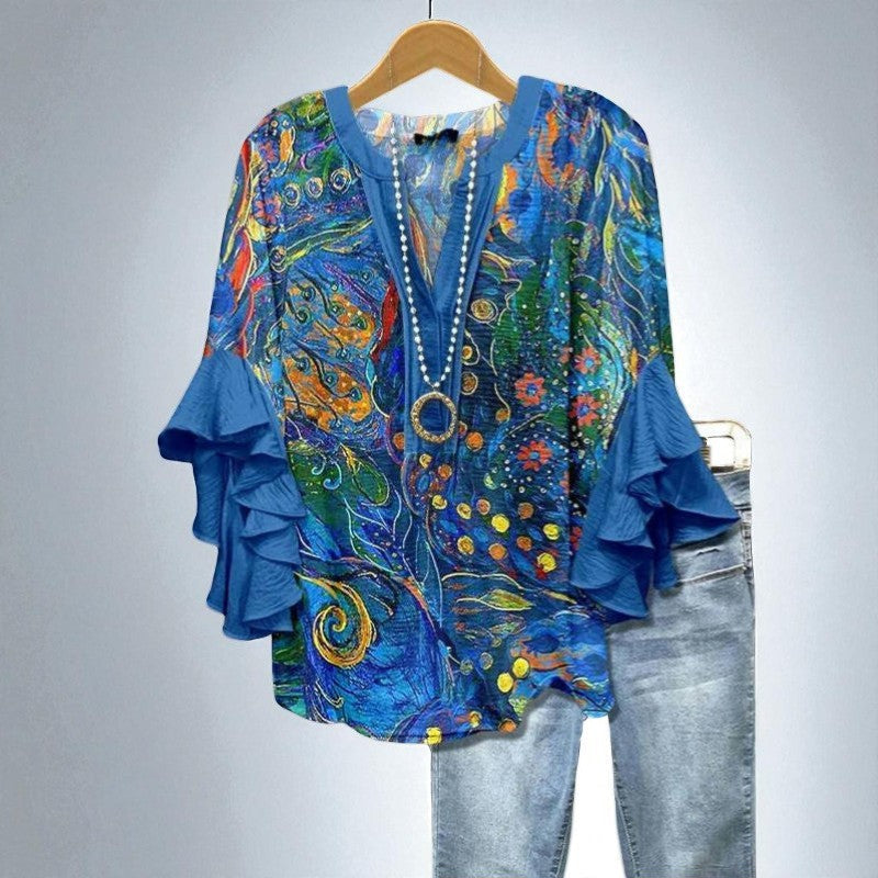 Aurianne – Kunstnerisk bluse i livlige farver med udvidede ærmer