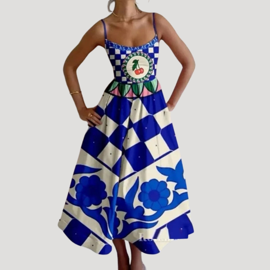 Ilana | Letnia midi kjole – ærmeløs med print til ferien