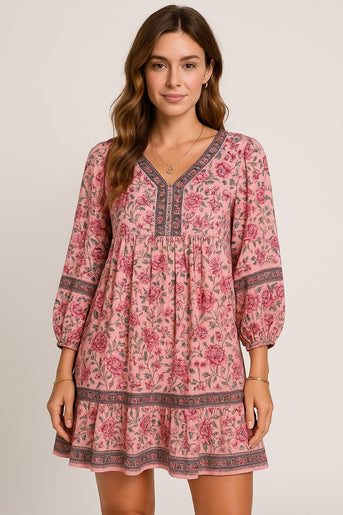 Luna | Mini Kjole med Delikat Mønster og V-hals