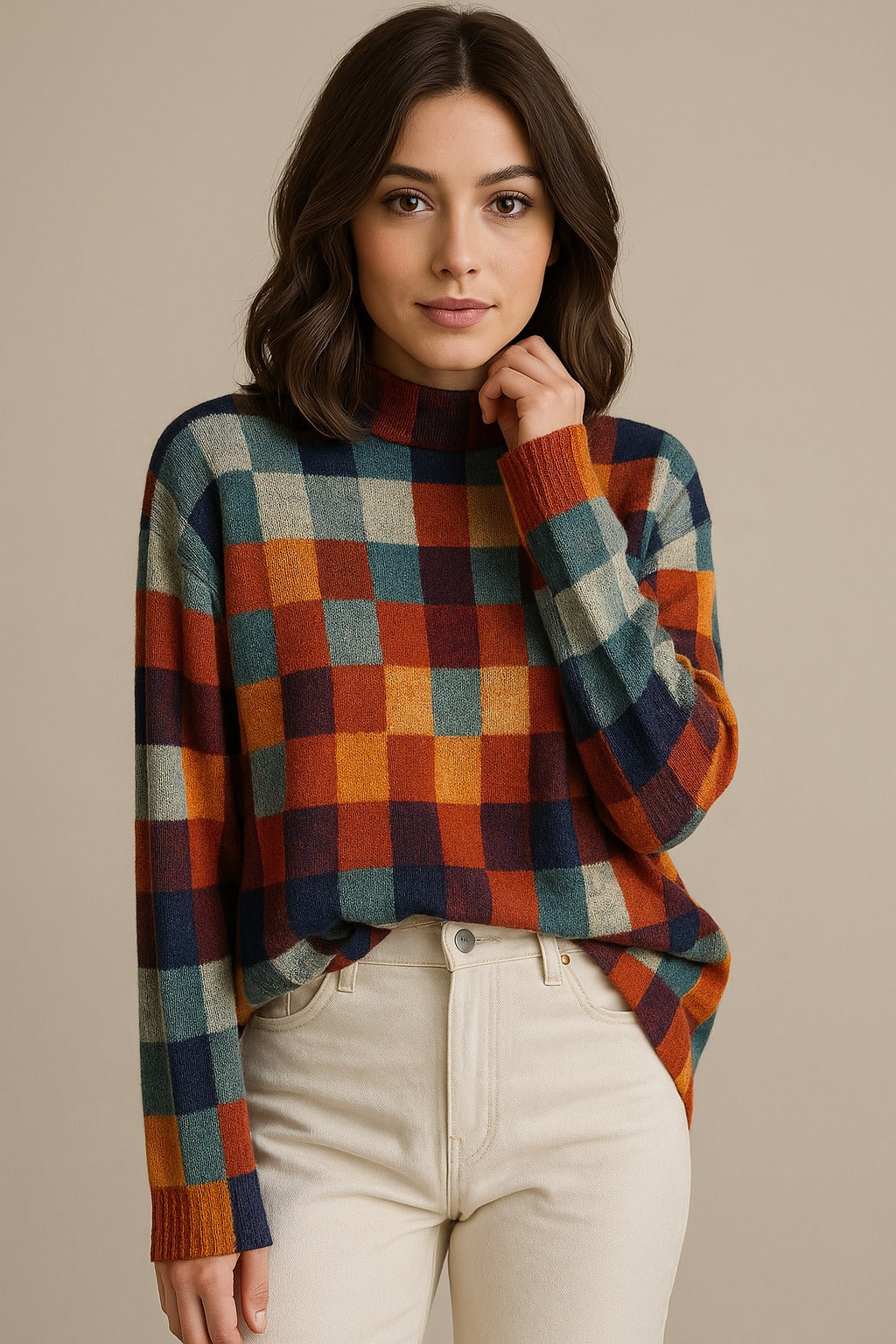 Mabel | Sweater med høj hals i patchwork stil