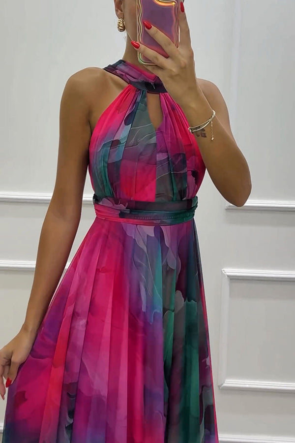 Elaine - Maxi kjole i blomstret tyl med udskæringer og bindebånd om halsen