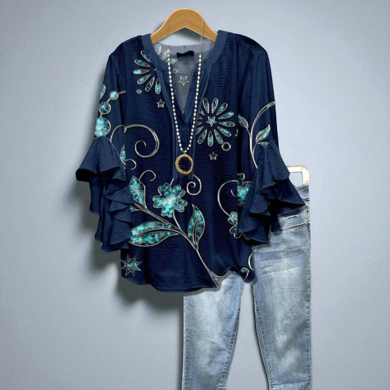 Marcelle – Mørkeblå Bluse med Tyrkiske Blomsterakcenter